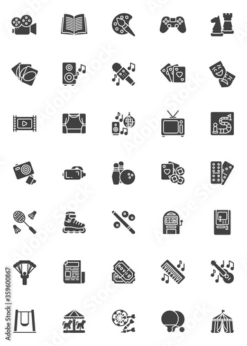 Entertainment and recreation vector icons set, modern solid symbol collection, filled style pictogram pack. Signs, logo illustration. Set includes icons as karaoke music, party, theatre, casino games