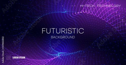Gradient violet glowing particles background. Futuristic style of technology with burning particles. Abstract science and artificial intelligence grid background. Mystical Cyber Landscape. eps10