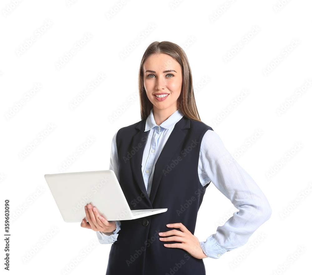Beautiful young businesswoman with laptop on white background Beautiful young businesswoman with laptop on white background