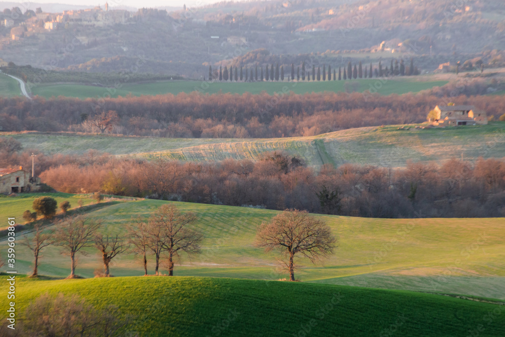 Beautiful Tuscany landscape in spring time with wave green hills and isolated trees and farmhouses. Tuscany, Italy, Europe