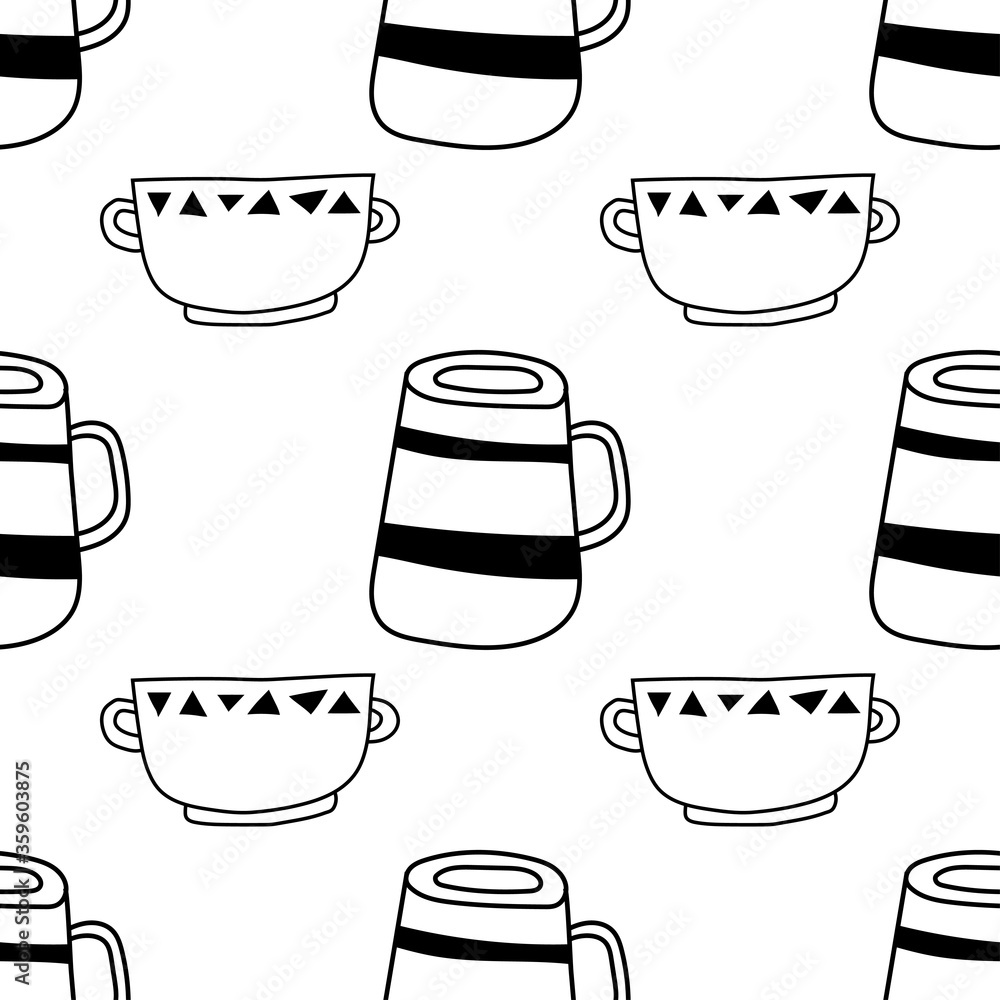Black and white illustration of tea or coffee mugs. Seamless pattern ...
