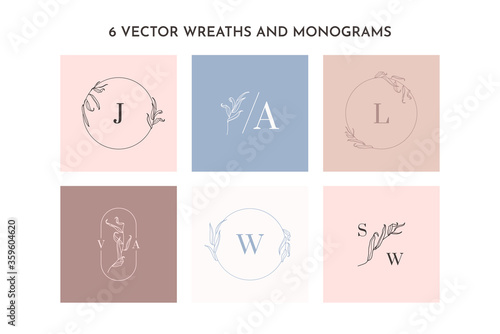 Set of Logos and monogram with Willow Tree Branch. Round floral frame in trendy minimal linear style. Feminine Vector