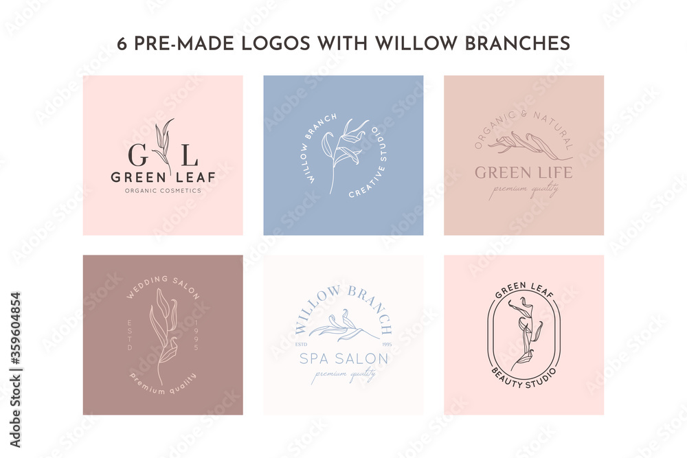 Willow branch with leaves logo design template in simple minimal linear style. Abstract Feminine Vector Signs