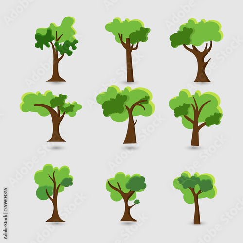 Set of green tree forest background, nature concept, vector illustration.