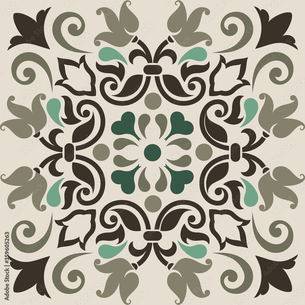 Seamless Azulejo tile in brown, green and gray colors. Portuguese and Spain decor. Islam, Arabic, Indian, Ottoman motif. Vector Hand drawn pattern Seamless Azulejo tile in brown, green and gray colors. Portuguese and Spain decor. Islam, Arabic, Indian, Ottoman motif. Vector Hand drawn pattern