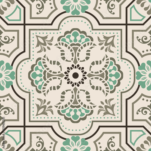 Seamless Azulejo tile in brown, green and gray colors. Portuguese and Spain decor. Islam, Arabic, Indian, Ottoman motif. Vector Hand drawn pattern