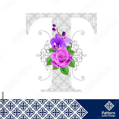 Vector design for alphabet T, Create with vintage pattern and pink rose.
