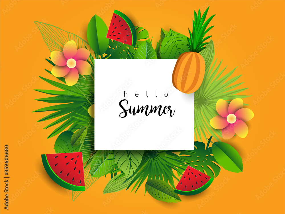 Summer vector banner design with tropical fruits and palm leaves background. Vector illustration. Summer vector banner design with tropical fruits and palm leaves background. Vector illustration.