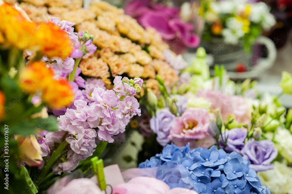 A variety of flowers in the window of a flower shop. Showcase. Stylish bouquets. Small business. Behind the glass. Selective focus. A variety of flowers in the window of a flower shop. Showcase. Stylish bouquets. Small business. Behind the glass. Selective focus.