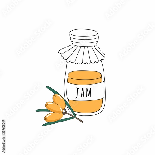 Sea buckthorn jam in a glass jar.
