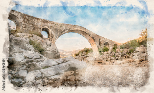 The Mesi bridge (Ura e Mesit) in Mes, Albania, near Shkoder . An old stone Ottoman bridge - the largest in the country. Watercolor style illustration photo