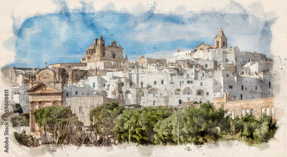 Ostuni, Puglia, Brindisi, Italy. old town and Roman Catholic cathedral and church Confraternity of Carmine. The white city in Apulia . Watercolor style illustration