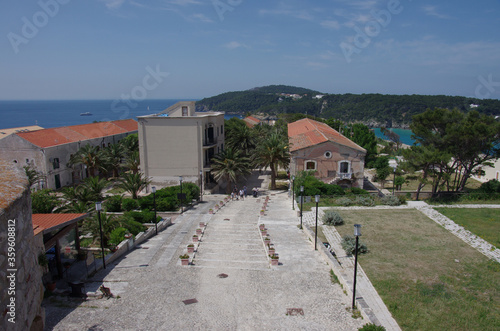 The village of the Island of San Nicola seen from the staircase leading to the Chiesa Madre, in the background the Island of San Domino - Tremiti Islands - Adriatic Sea - Italy