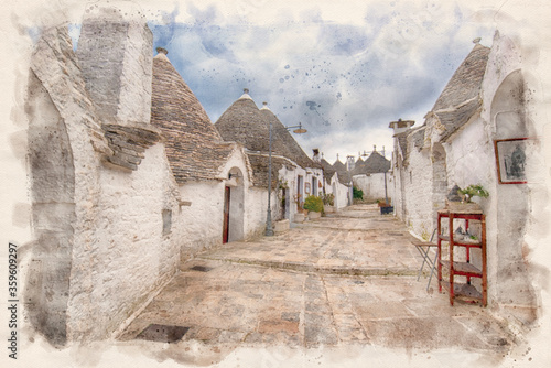 ALBEROBELLO, PUGLIA, ITALY. View of famous Trulli, the characteristic cone-roofed white houses of the Itria Valley. Watercolor style illustration photo