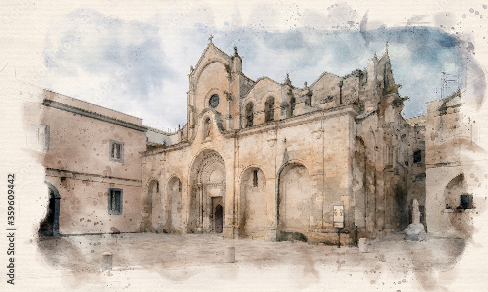 Matera, Basilicata, Puglia, Italy - The Romanesque Parrocchia di San Giovanni Battista Parish church (chiesa). Saint John the Baptist. Watercolor style illustration