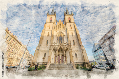 Kostel Sv. Antonína Paduanskeho (Church of St. Anthony of Padua) in Prague, Czech Republic. Watercolor style illustration photo