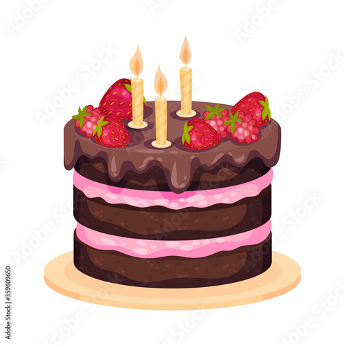 Chocolate Layered Cake with Burning Candles as Birthday Symbol Vector Illustration