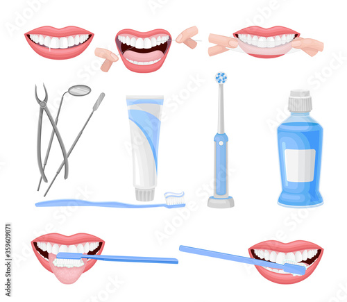 Toothbrush and Toothpaste for Oral Hygiene with Teeth Brushing Procedure Showing Vector Set