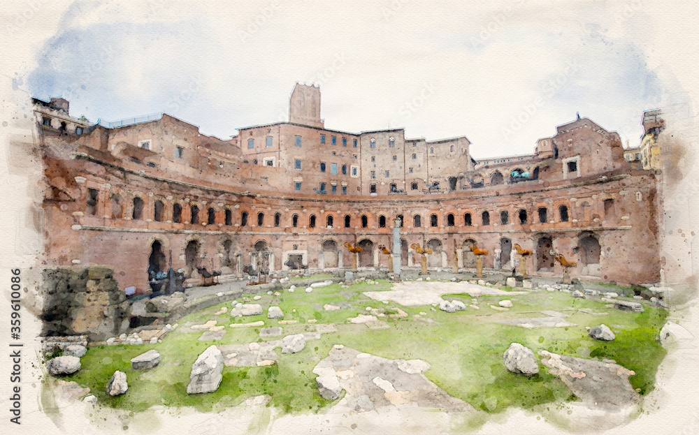The forum and Market of Trajan in Rome, Italy. Trajan's Market (Mercati di Traiano) is one of the main tourist attractions of Rome. Watercolor style illustration