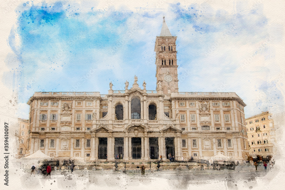 Rome, Italy. Basilica di Santa Maria Maggiore . Saint Mary Major , a Papal major basilica and the largest Catholic Marian church. Watercolor style illustration