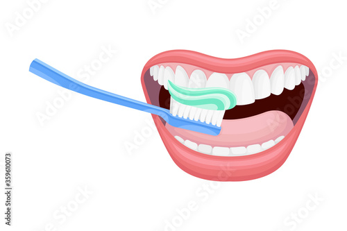 Open Mouth with Toothbrush Scrubbing and Cleaning Teeth Vector Illustration