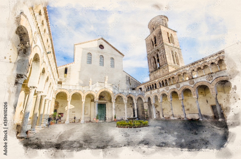 Salerno, Italy. The Salerno Cathedral, the Norman Dome of Saint Matthew. Watercolor style illustration