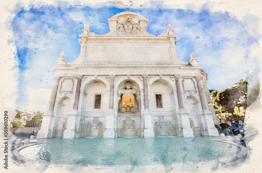 Fontana dell'Acqua Paola in Rome, Italy also known as Il Fontanone (The big fountain). Watercolor style illustration