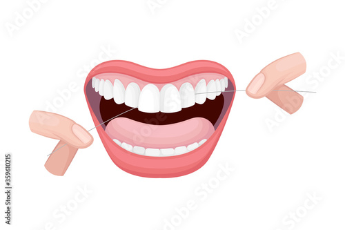 Open Mouth with Dental Floss Cleaning Teeth Vector Illustration