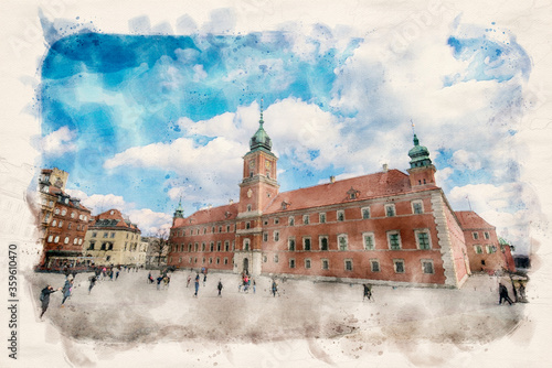 Warsaw, Poland. Main square in Warsaw Old Town front of the Royal castle. Watercolor style illustration