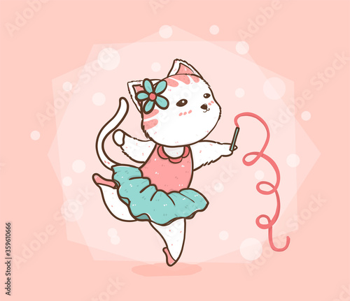 cute cat ballet dancing in pink and blue green dress, idea for greeting card, t shirt kid stuff printing