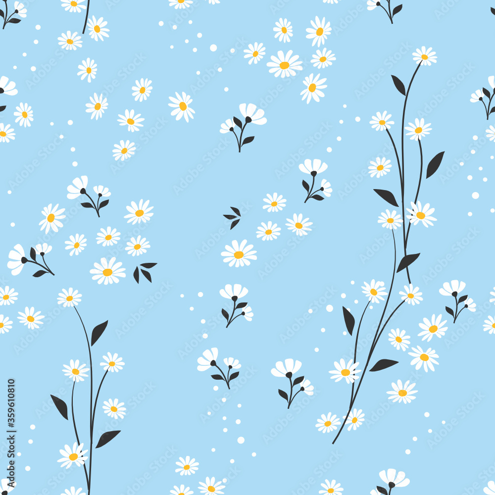 Seamless pattern with daisy flowers and leaves on pastel blue background vector.