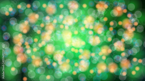 Abstract green blurred background with bokeh effect. Magical bright festive multicolored beautiful glowing shiny with light spots  round circles. Texture. Vector illustration