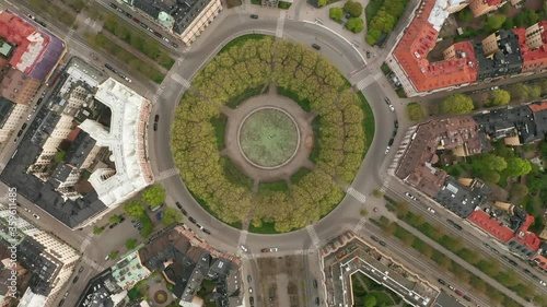 Aerial view Karlaplan Park, Square and Fountain in Stockholm, Sweden. Top down. photo