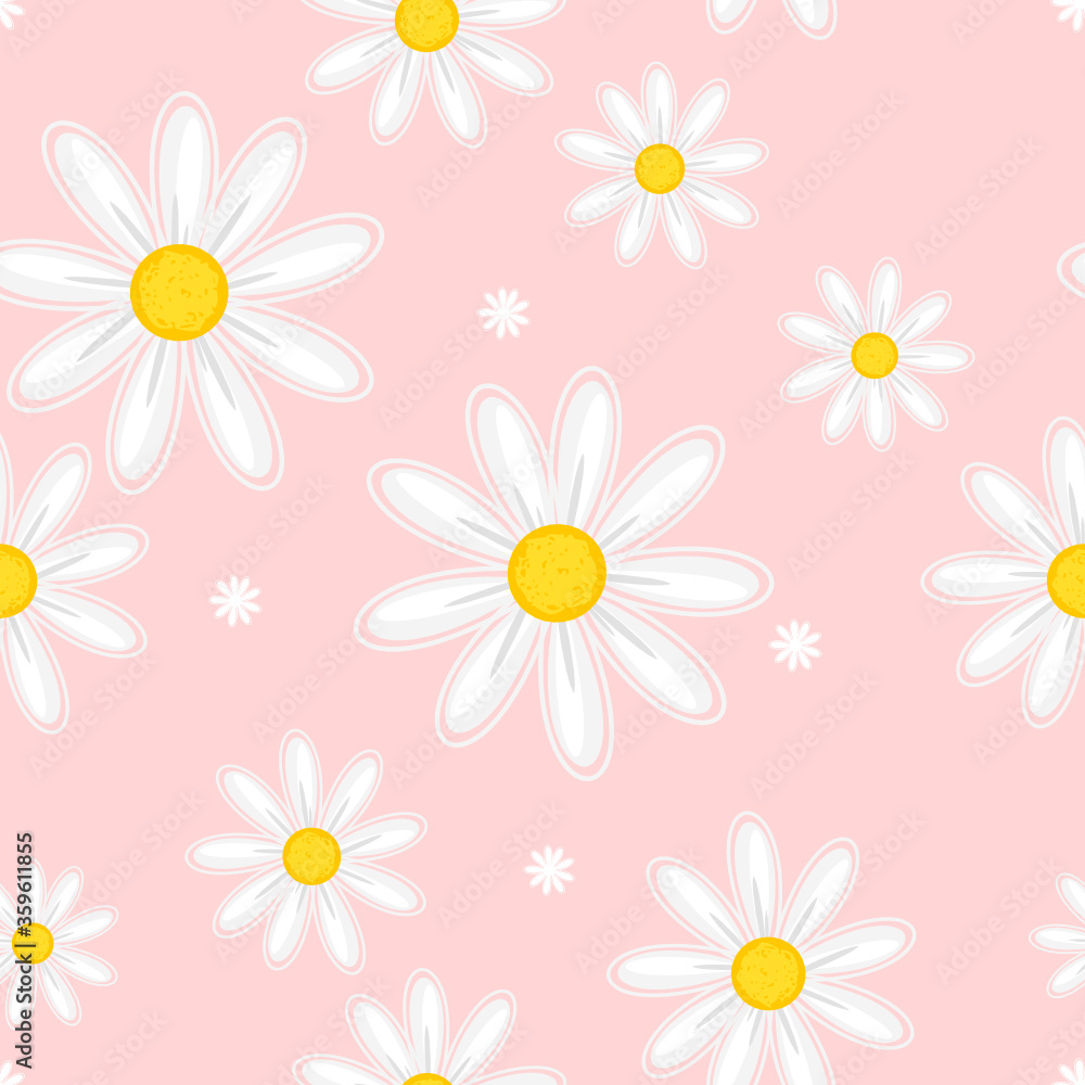 Obraz premium Seamless pattern with daisies on pink background vector.