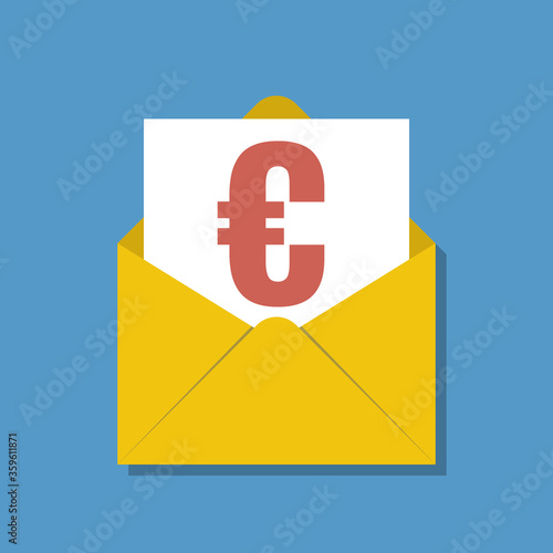 document with euro symbol in opened yellow envelope mail, flat vector illustration