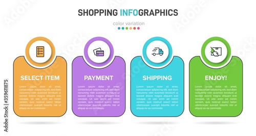 Concept of shopping process with 4 successive steps. Four colorful graphic elements. Timeline design for brochure, presentation, web site. Infographic design layout.