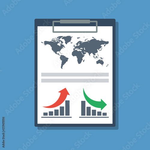 clipboard with world map and two business chart, flat vector forecast or report illustration