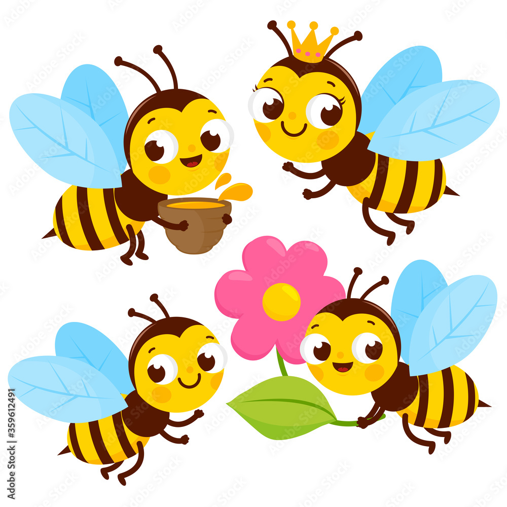 Cute worker bees with honey and bee queen. Vector illustration