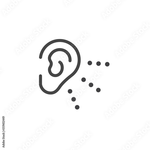 Thin Outline Icon Human Ear, Hear. Such Line sign as Hearing, Human Sense Hear or Listening and Listen. Vector Computer Custom Isolated Pictograms EPS 10 for Web on White Background Editable Stroke.