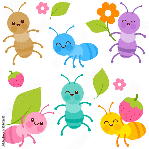 Cute baby ant bugs carrying food. Vector illustration