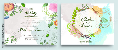Wedding Invitation, Invitation card with floral and green tropical leaves, modern card Design, decorative wreath & frame pattern. Vector elegant watercolor template
