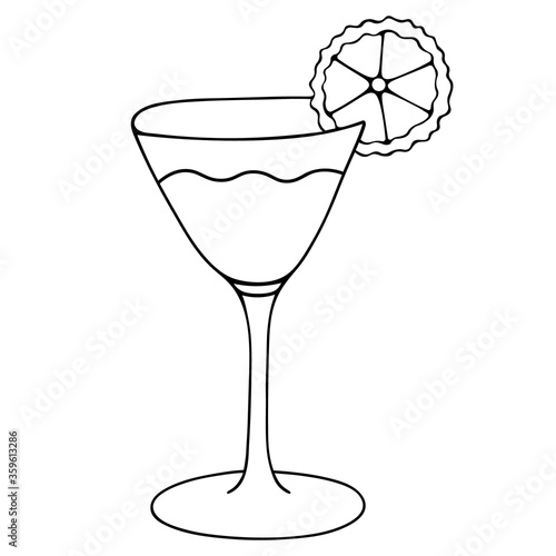 A refreshing cocktail. Martini with a slice of lime. Vector illustration. Glass with an alcoholic drink. Sketch. Light aperitif. Outline on an isolated white background. Doodle style. Wine.