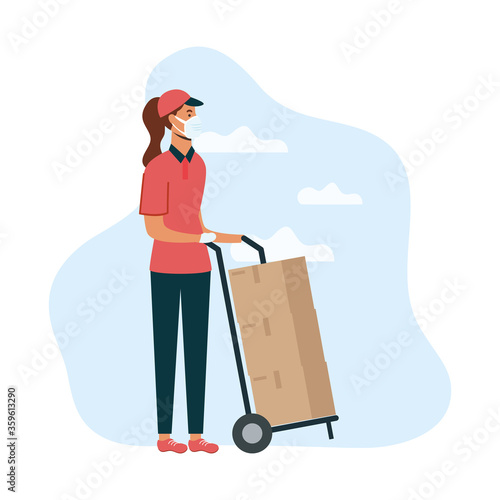 safe food delivery female worker with carton boxes