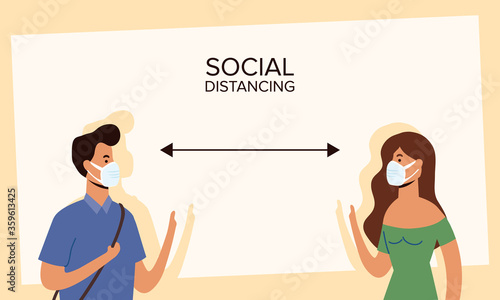 young couple wearing medical masks and social distancing