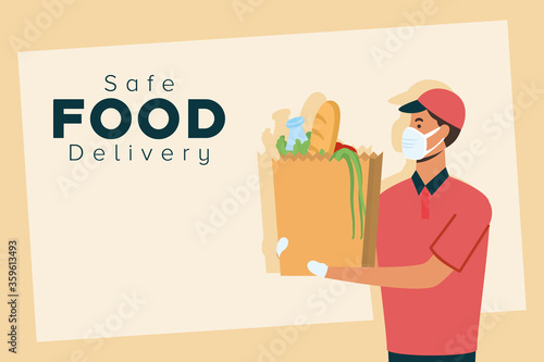 safe food delivery worker with groceries bag