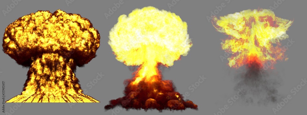 3D illustration of explosion - 3 huge very detailed different phases mushroom cloud explosion of nuclear bomb with smoke and fire isolated on grey 3D illustration of explosion - 3 huge very detailed different phases mushroom cloud explosion of nuclear bomb with smoke and fire isolated on grey