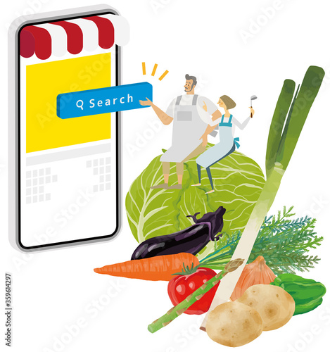 野菜に乗って料理アプリを使用する夫婦