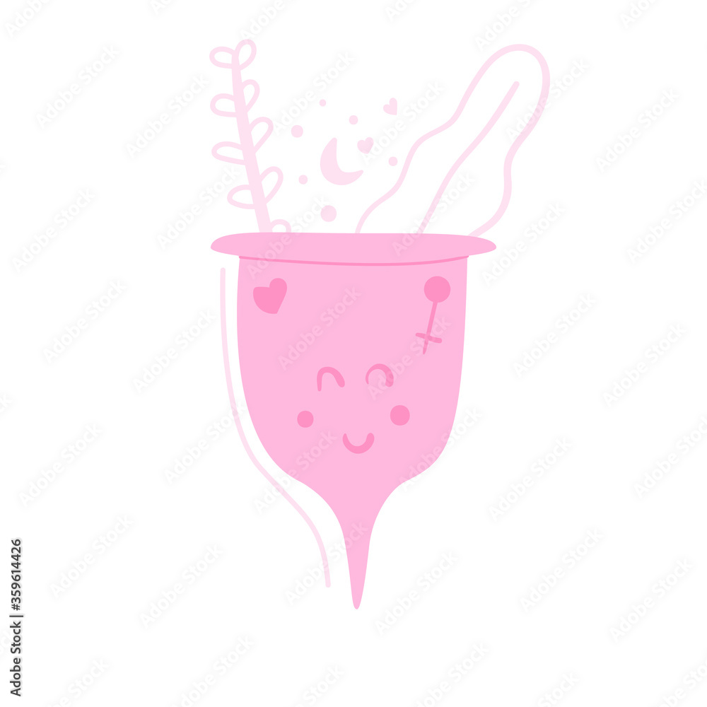 Menstrual cup, zero waste, eco protection for woman in critical days. Gentle vector illustration. Hand drawn flat concept.