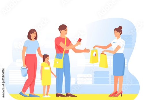 The family makes purchases from the seller in the store. Dad pays with a card for the purchase, mom and daughter are standing. Seller hands paper bags to buyer. Vector flat illustration.
