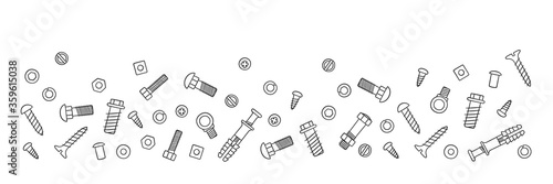 Background with fasteners. Bolts, screws, nuts, dowels and rivets in doodle style. Hand drawn building material. Vector illustration on white background